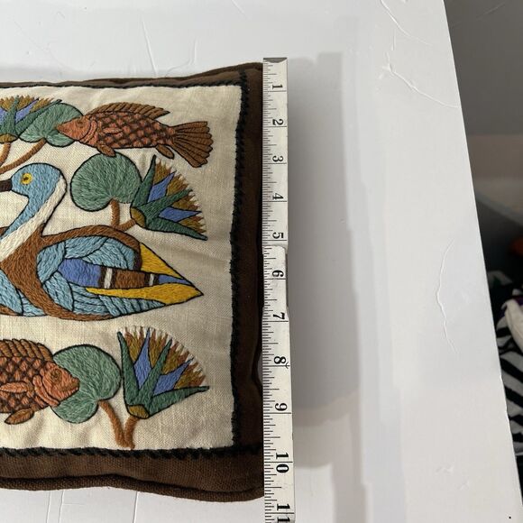 Vtg finished Columbia Minerva Crewel Pillow Egyptian Water Fowl Ducks Fish 7839 - Picture 6 of 8